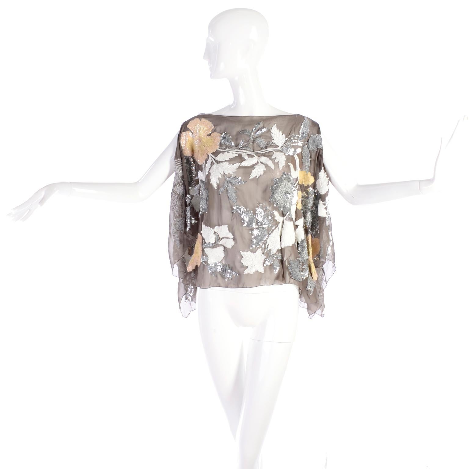 Valentino Top in Taupe Fine Silk With Metallic & Iridescent Sequins Size 6 2