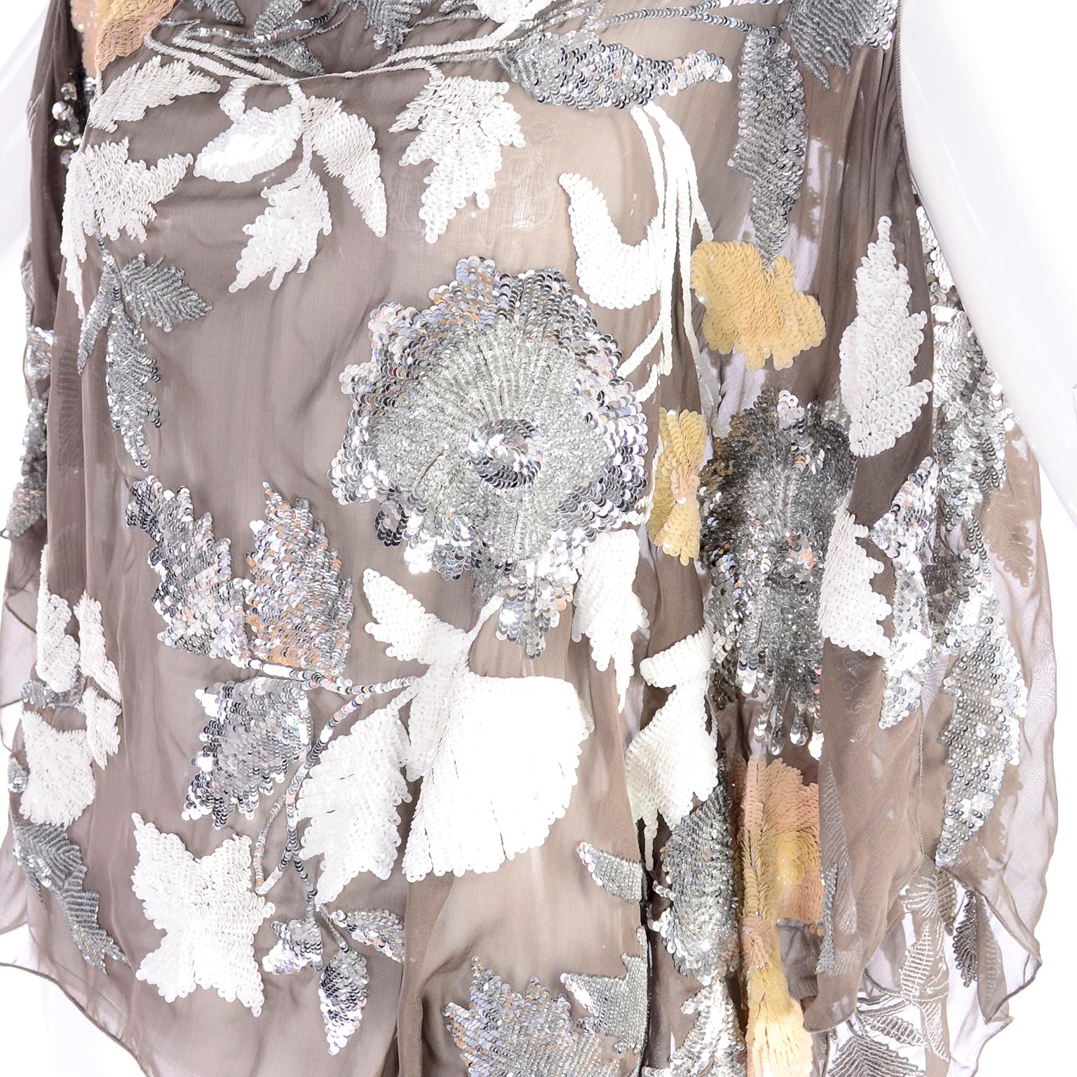 Gray Valentino Top in Taupe Fine Silk With Metallic & Iridescent Sequins Size 6