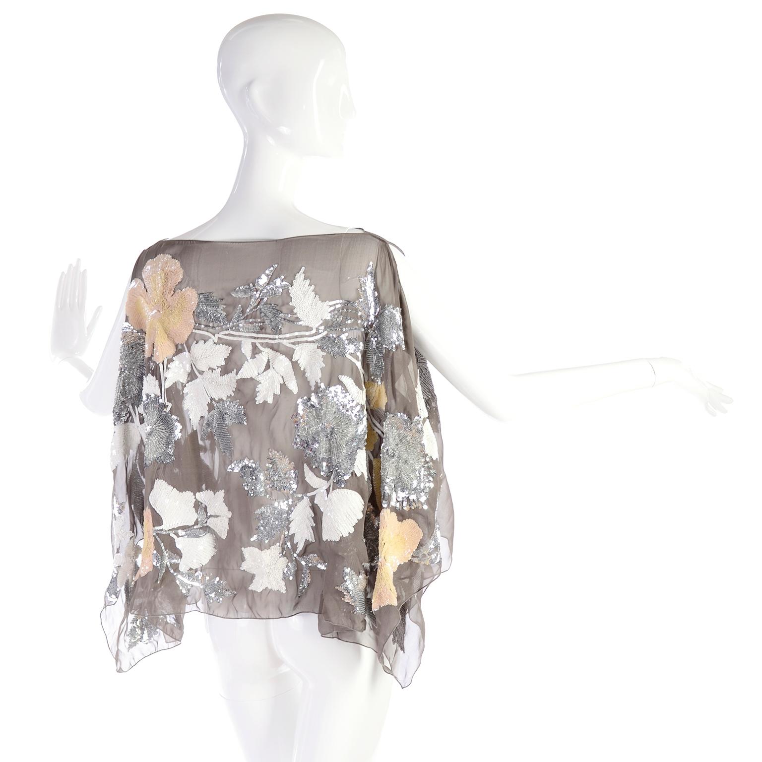 Women's or Men's Valentino Top in Taupe Fine Silk With Metallic & Iridescent Sequins Size 6