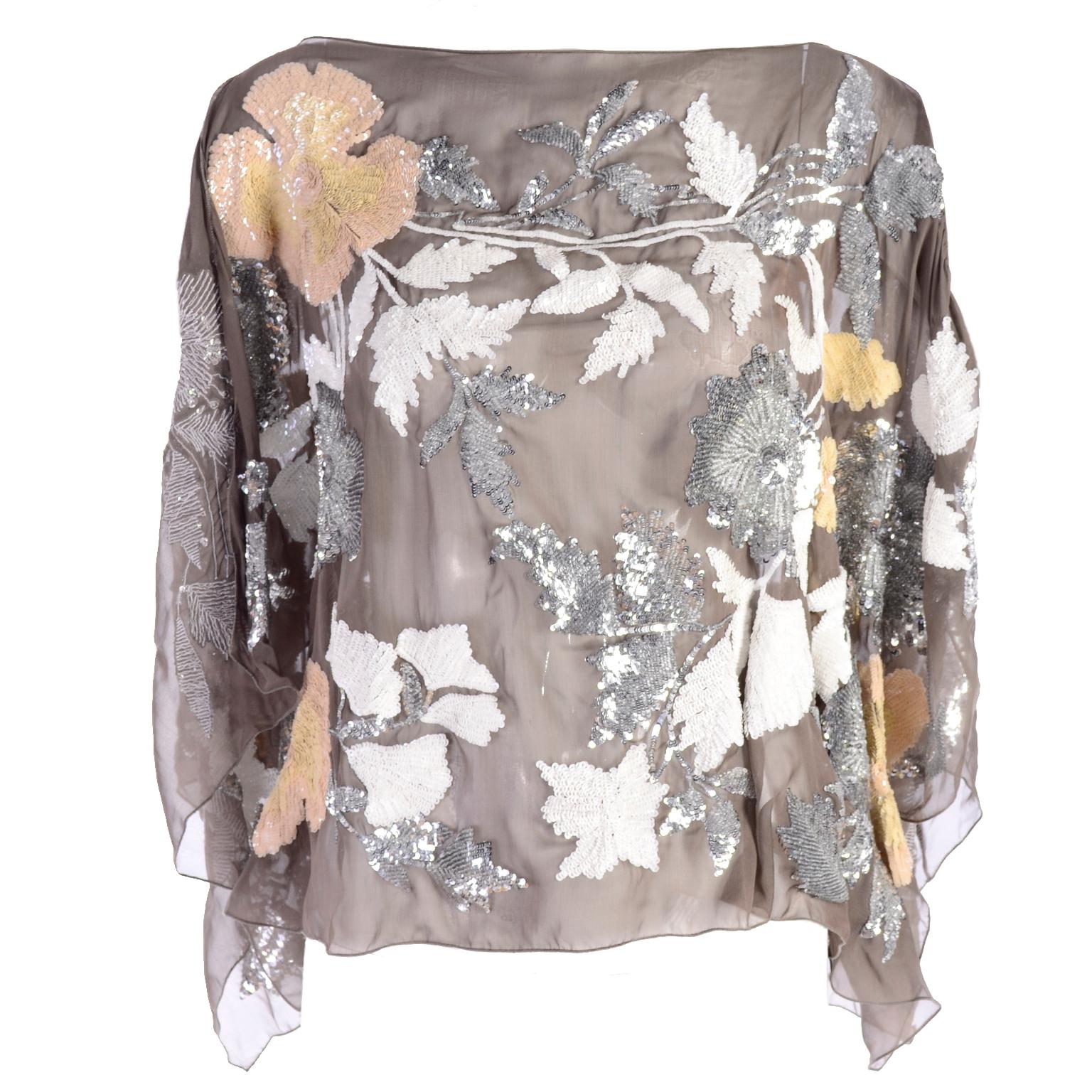 Valentino Top in Taupe Fine Silk With Metallic & Iridescent Sequins Size 6