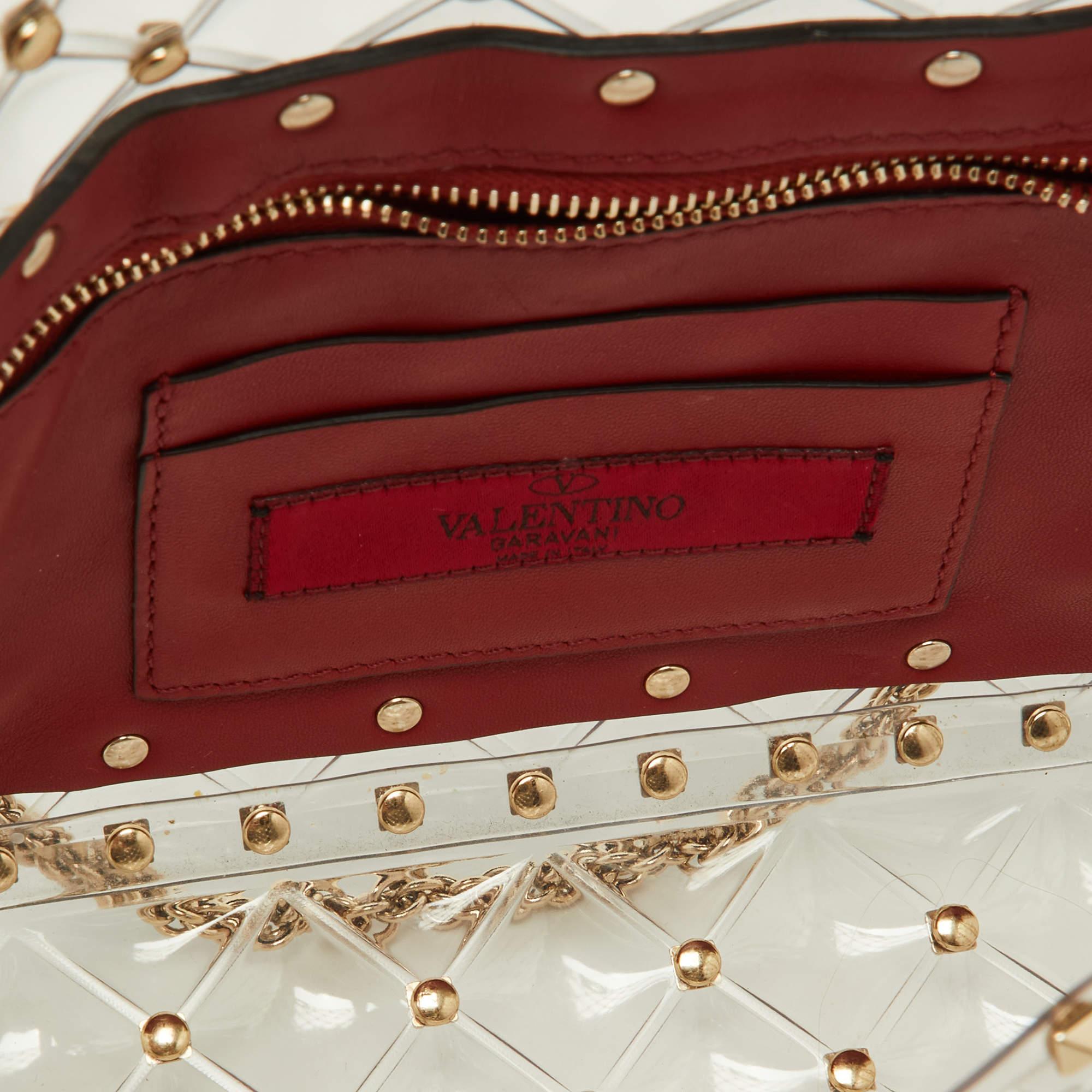 Valentino Transparent /Red PVC Medium Rockstud Spike Top Handle Bag 4