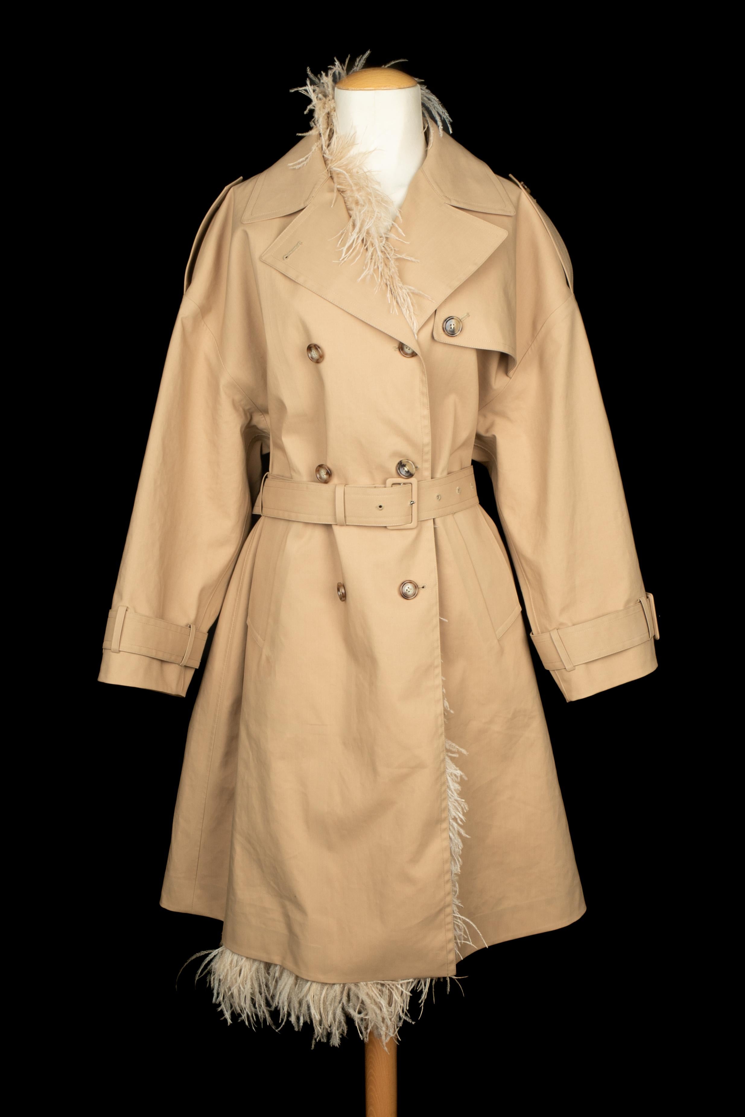 VALENTINO - (Fabriqué en Italie) Long trench beige. Doublure brodée de plumes. Ensemble détachable et ceintures aux poignets et à la taille. Aucune taille n'est indiquée, il convient à un 38FR/40FR. Collectional printemps-été 2023 sous la direction