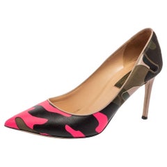 Valentino Tri-Color Camouflage Leather and Canvas Pointed-Toe Pumps Size 37.5
