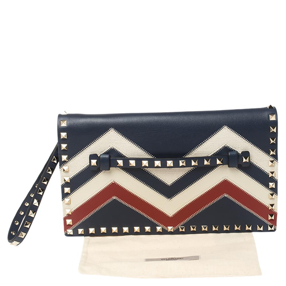 Valentino Tri Color Chevron Leather Rockstud Motif Wristlet Clutch 6