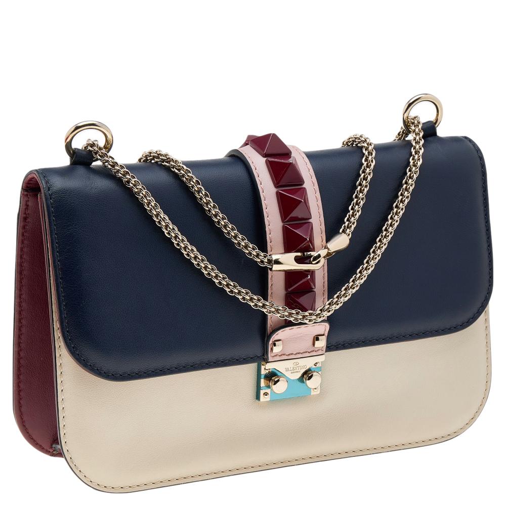 Valentino Tri Color Leather Rockstud Medium Glam Lock Flap Bag 3