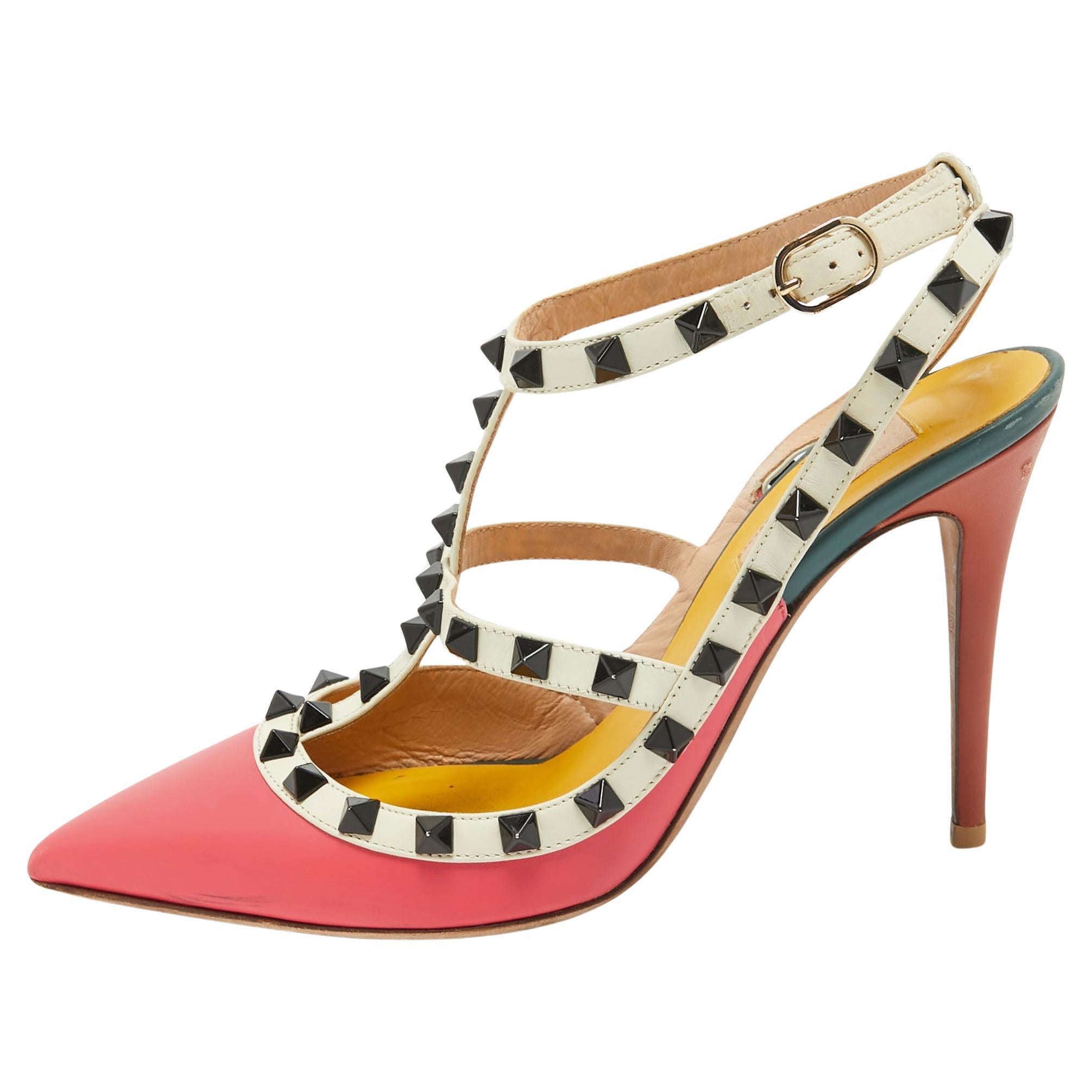 Valentino Tricolor Leather Rockstud Pointed Toe Ankle Strap Pumps Size 38 For Sale