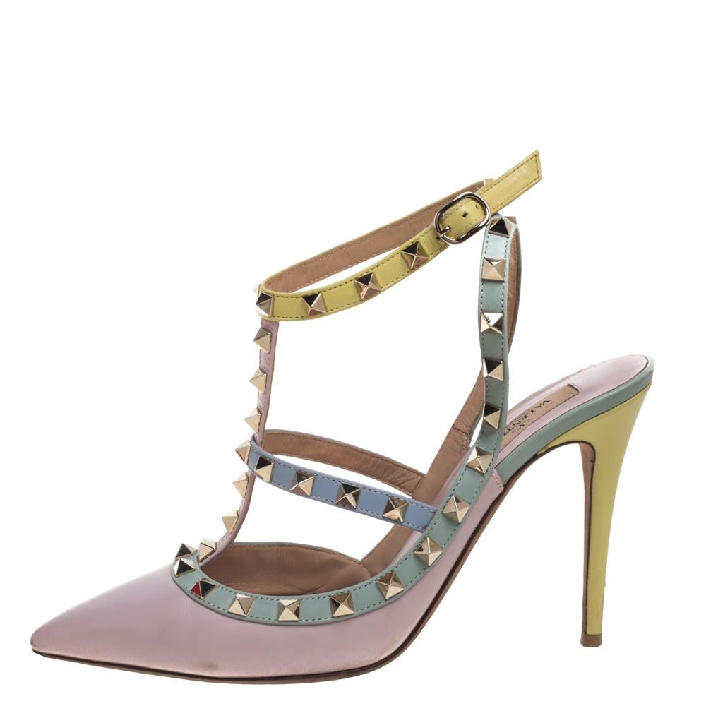 Women's Valentino Tricolor Leather Rockstud Pointed Toe Ankle Strap Sandals Size 39.5