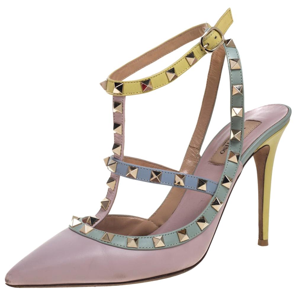 Valentino Tricolor Leather Rockstud Pointed Toe Ankle Strap Sandals Size 39.5