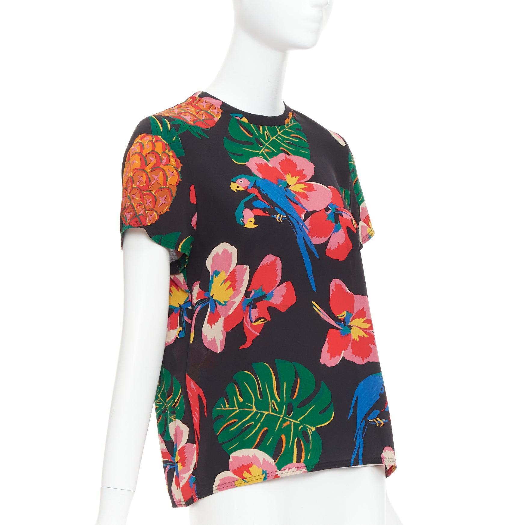 Black VALENTINO Tropical Couture 100% silk black parrot floral print crew top M