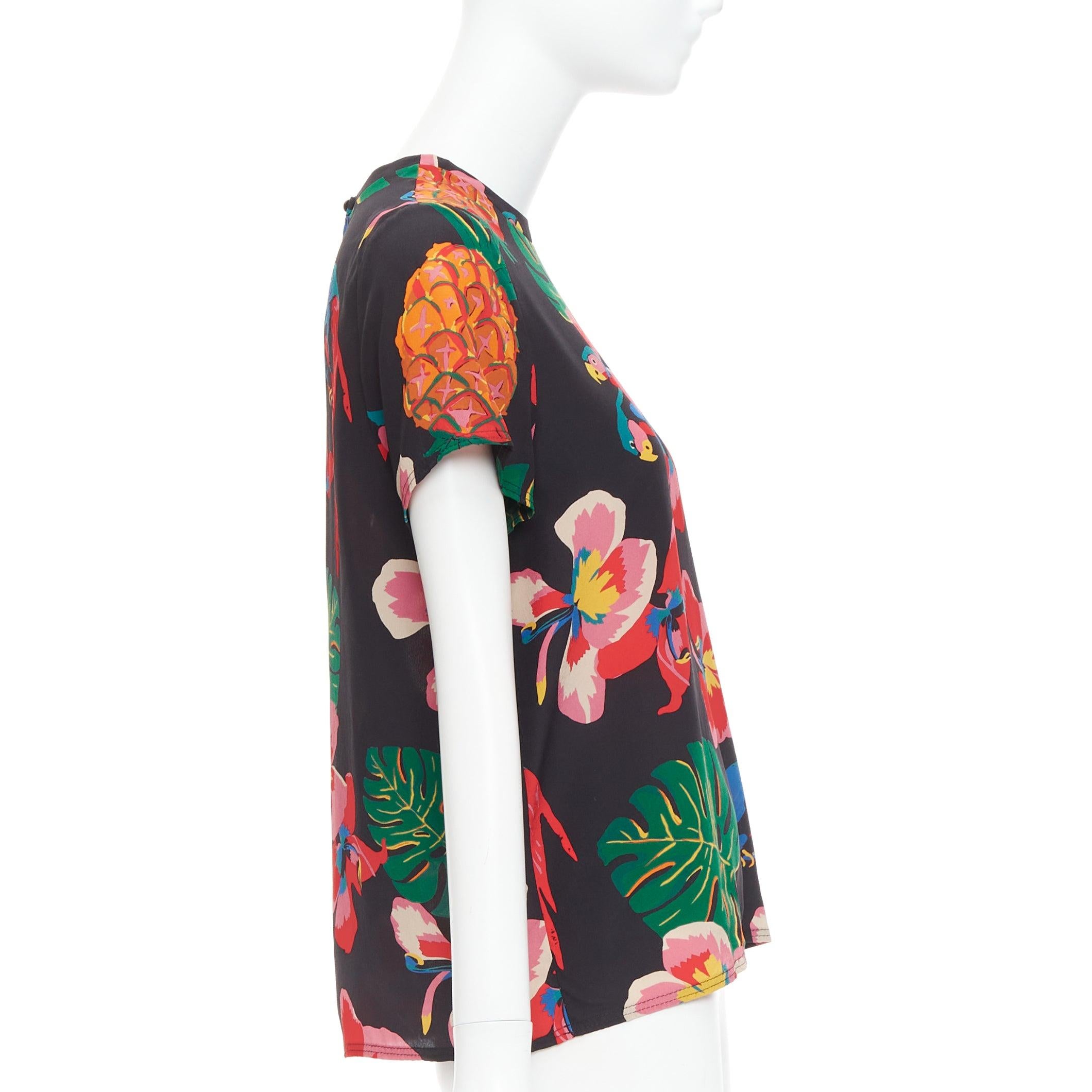 Women's VALENTINO Tropical Couture 100% silk black parrot floral print crew top M