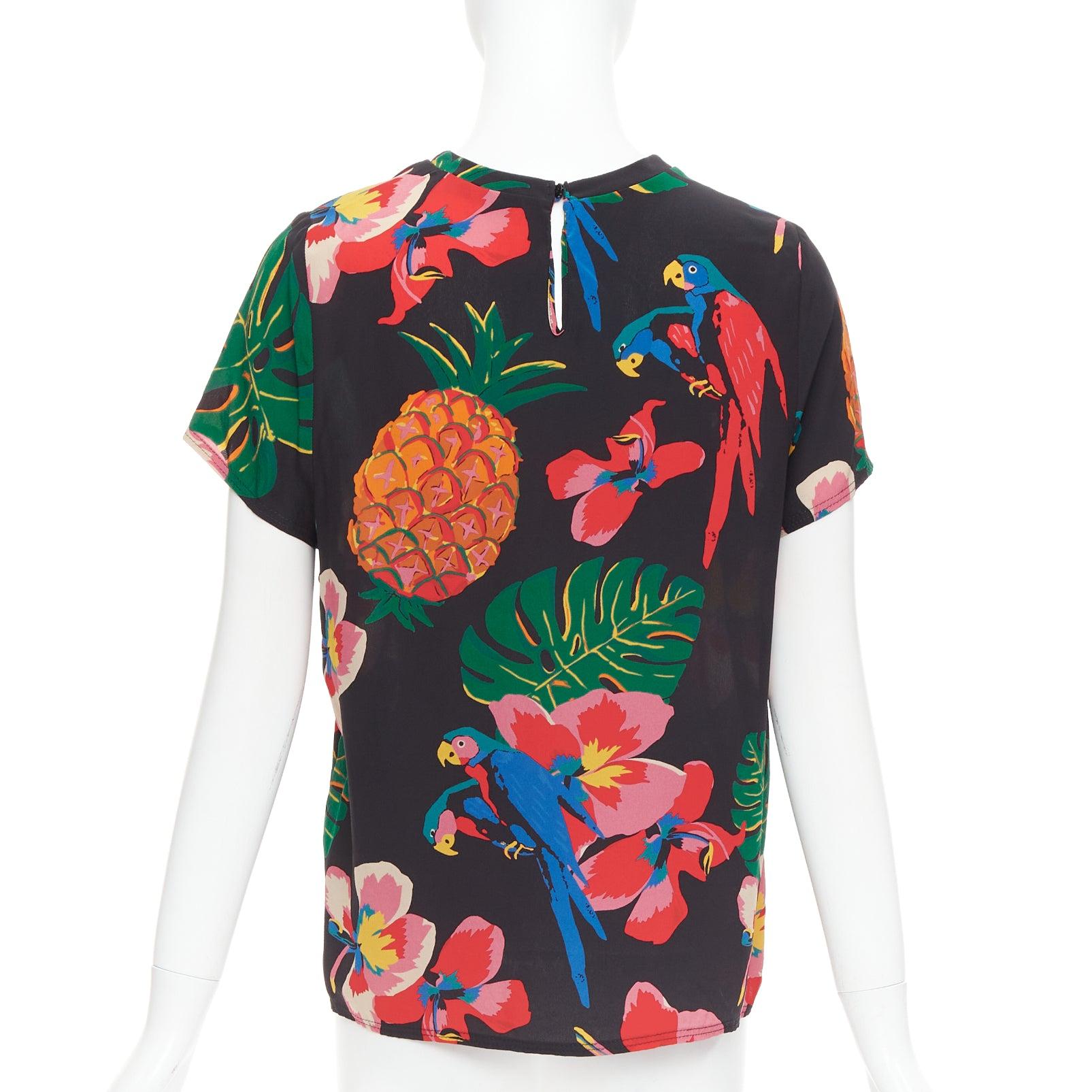 VALENTINO Tropical Couture 100% silk black parrot floral print crew top M 1