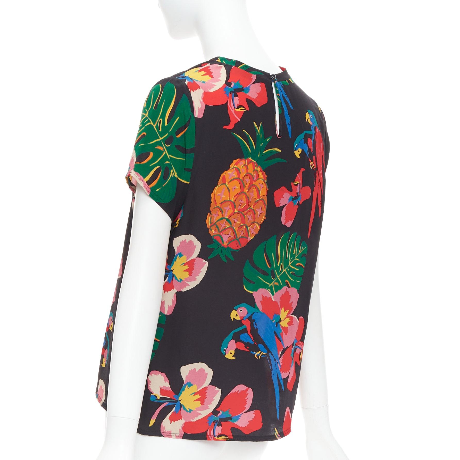 VALENTINO Tropical Couture 100% silk black parrot floral print crew top M 2
