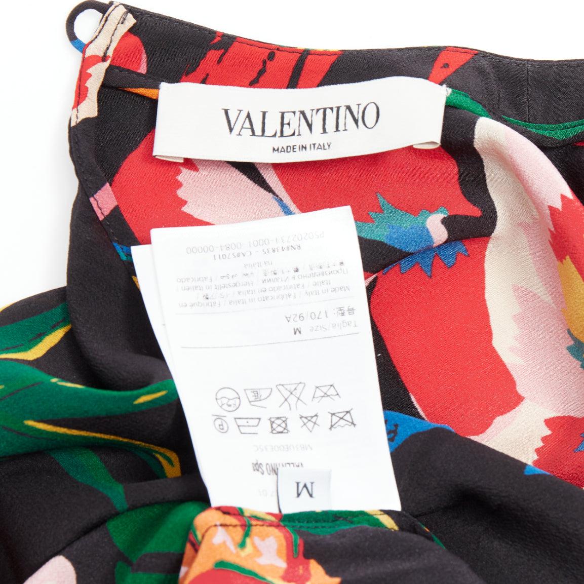 VALENTINO Tropical Couture 100% silk black parrot floral print crew top M 4