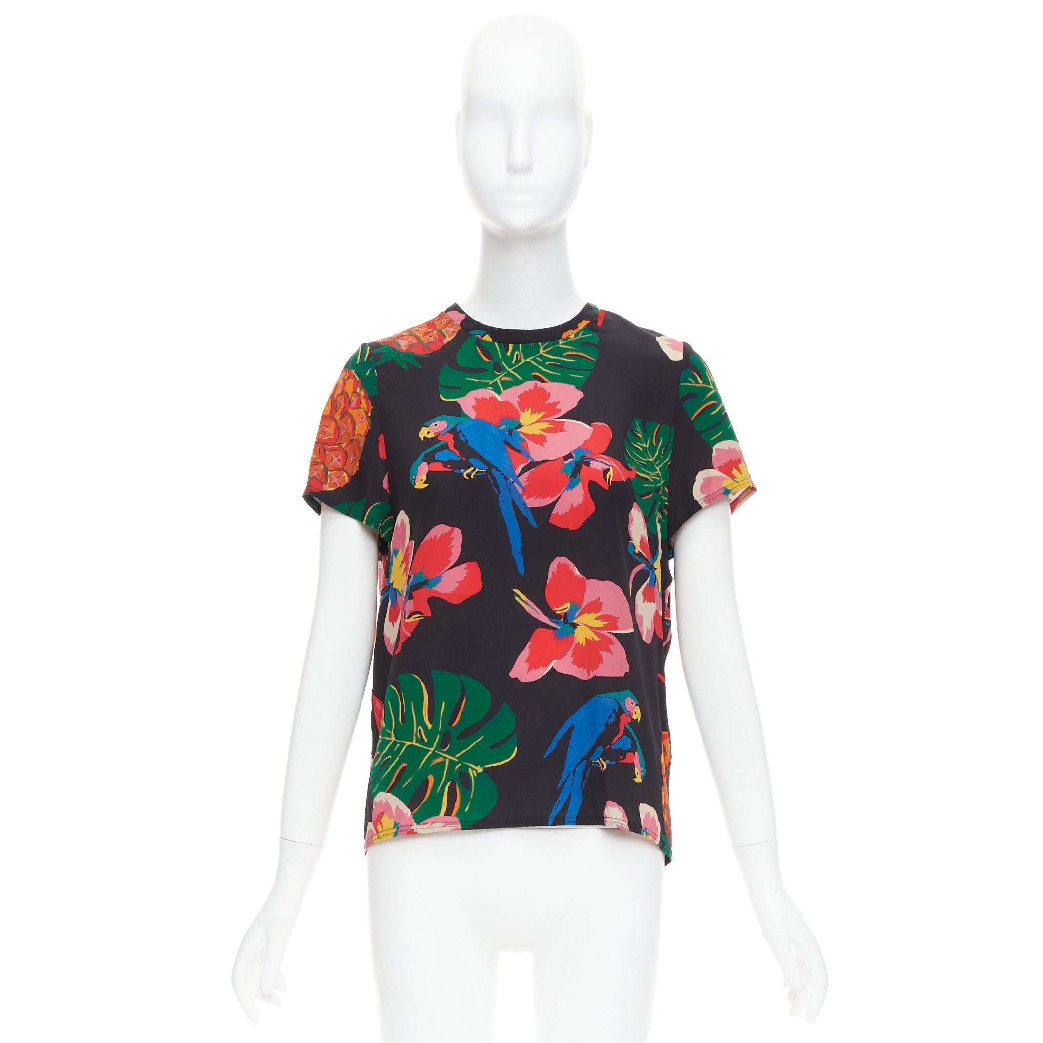 VALENTINO Tropical Couture 100% silk black parrot floral print crew top M 5