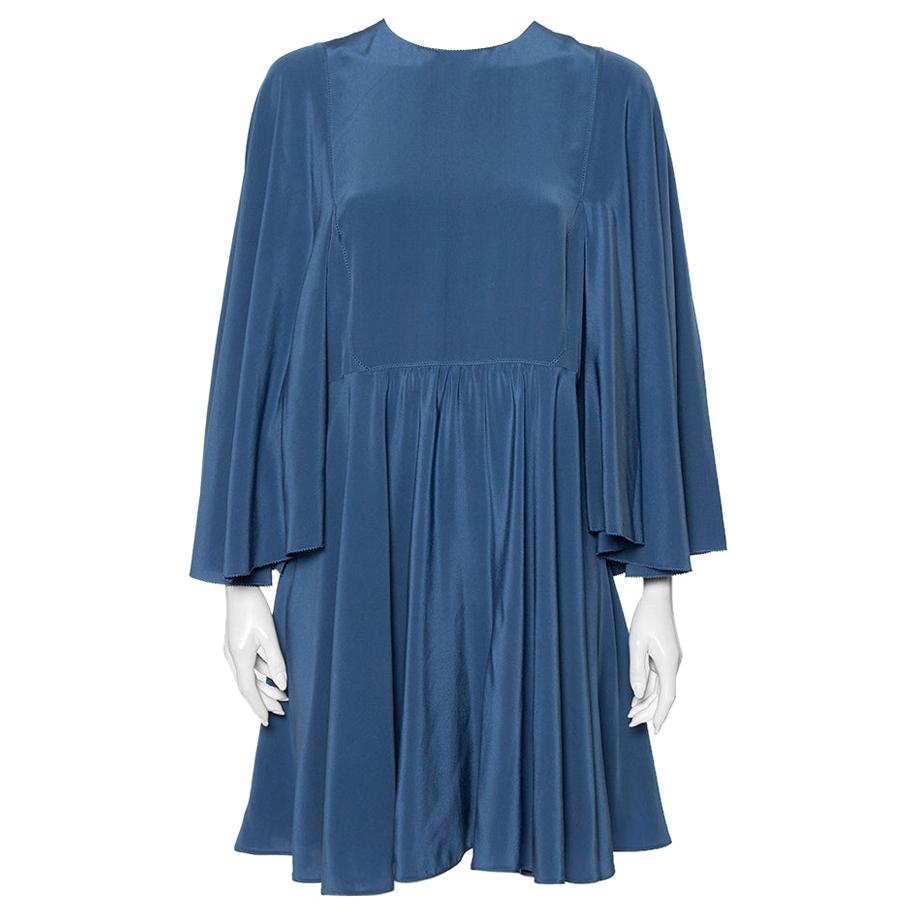 Valentino Turkish Blue Silk Cape Sleeve Detail Mini Dress L