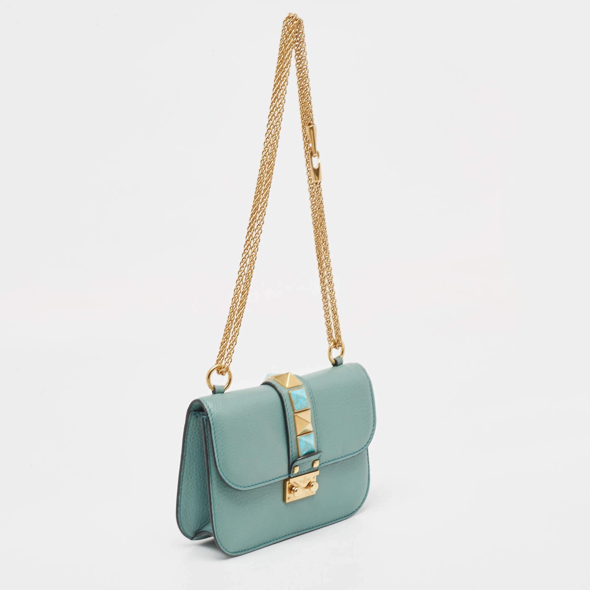 Valentino Turquoise Green Leather Small Rolling Rockstud Glam Lock Flap Bag 1