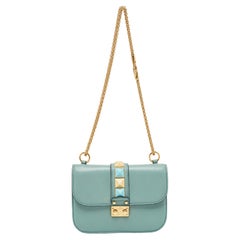 Valentino Turquoise Green Leather Small Rolling Rockstud Glam Lock Flap Bag