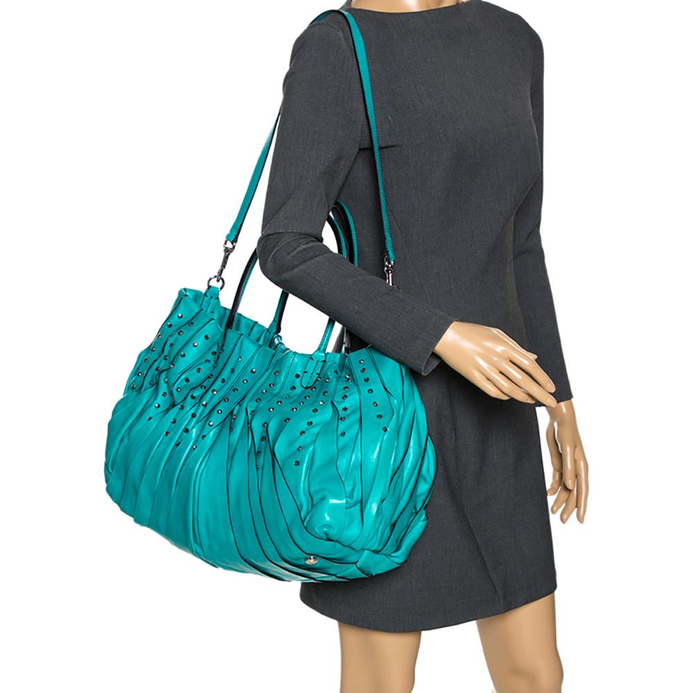 Blue Valentino Turquoise Leather Crystal Embellished Tote