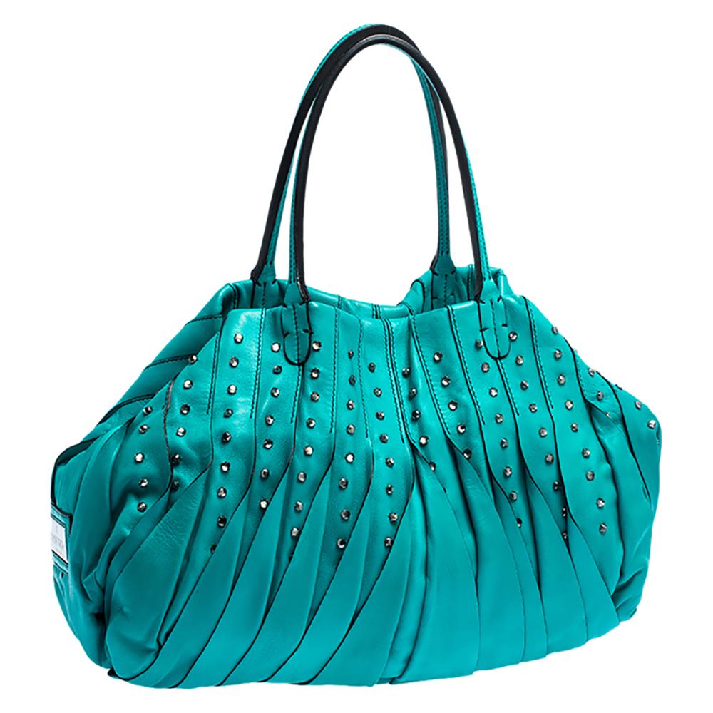 Valentino Turquoise Leather Crystal Embellished Tote 3