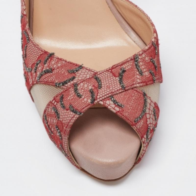 Valentino Two Tone Lace, Mesh and Leather Peep Toe D'orsay Pumps Size 36.5 For Sale 1