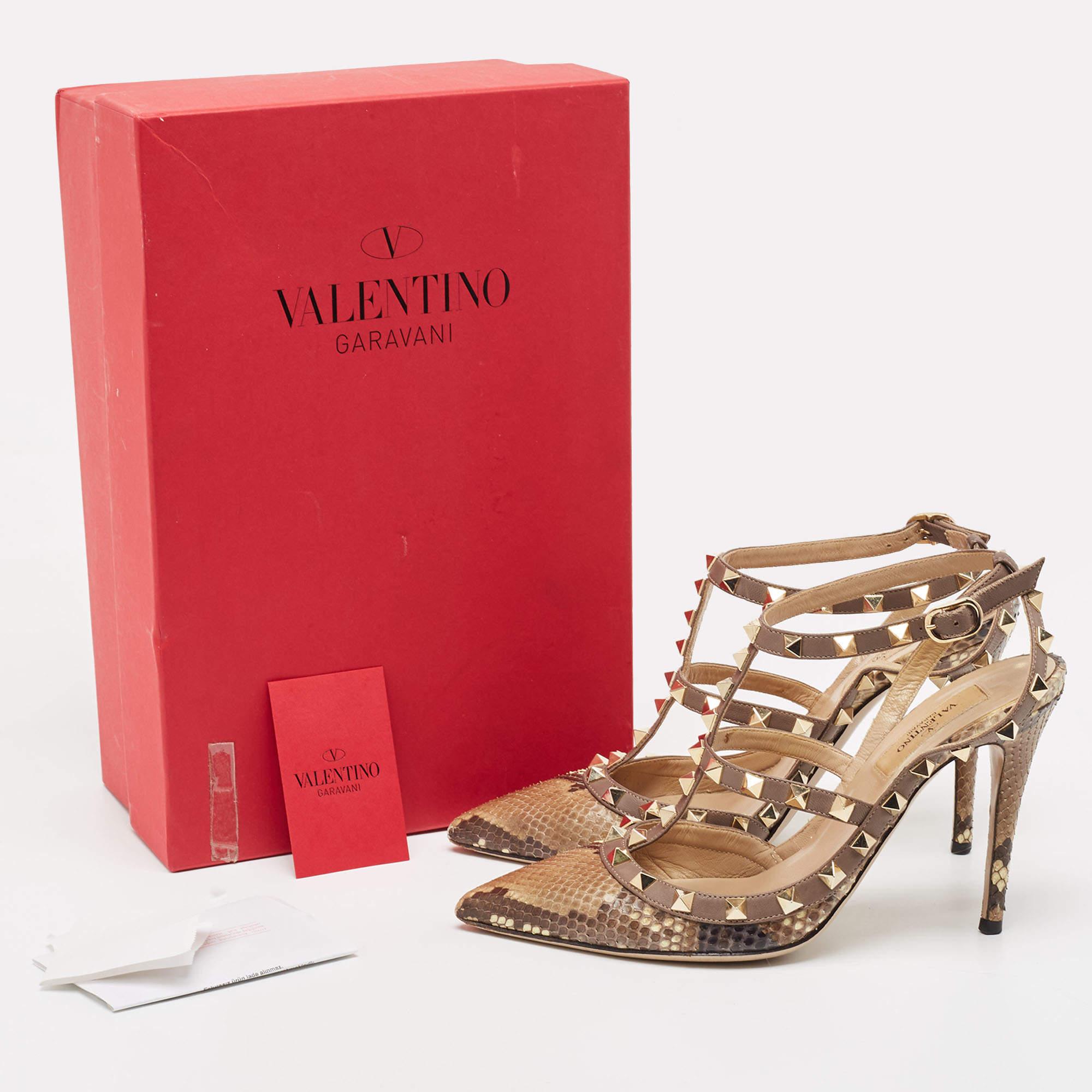 Valentino Two Tone Snakeskin Rockstud Ankle Strap Pumps Size 37.5 For Sale 4