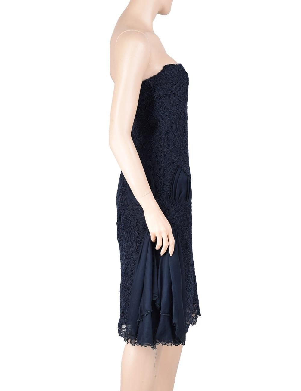 Valentino Navy lace midi dress.

Additional information:
Material: Polyester 
Features: Lace detailing
Size: US 8 
Overall Condition: Gently used
Note: Minimum threading
