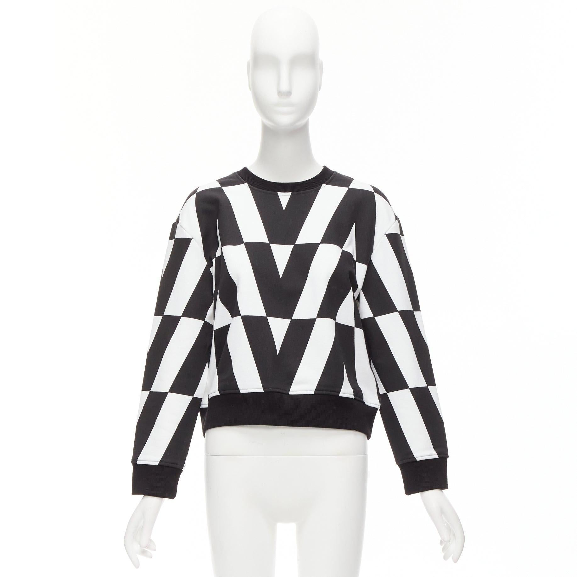 VALENTINO V LOGO black white optic graphic crew neck cropped sweater XS en vente 5