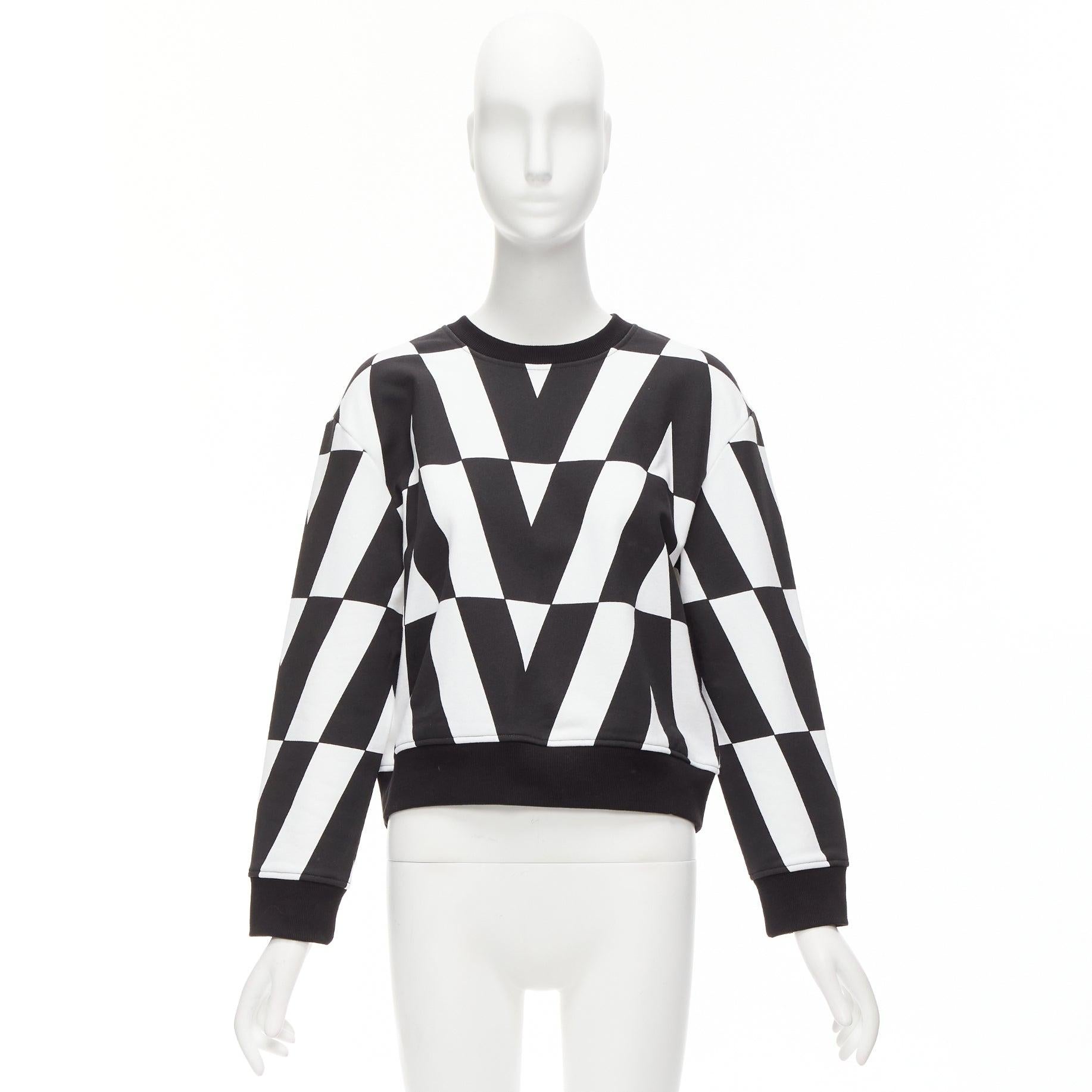 VALENTINO V LOGO black white optic graphic crew neck cropped sweater XS en vente 6