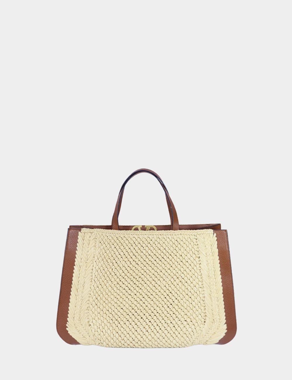 Beige Valentino V-logo Signature Crochet Raffia Tote Bag