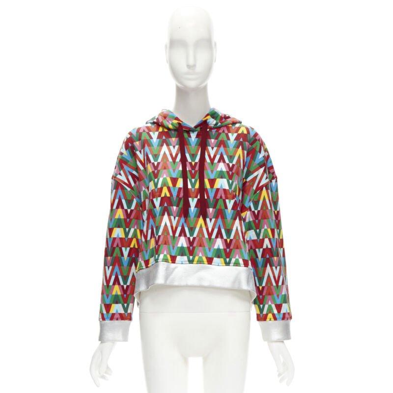 VALENTINO V Optical graphic logo silver foil oversized cropped cotton hoodie S For Sale 6