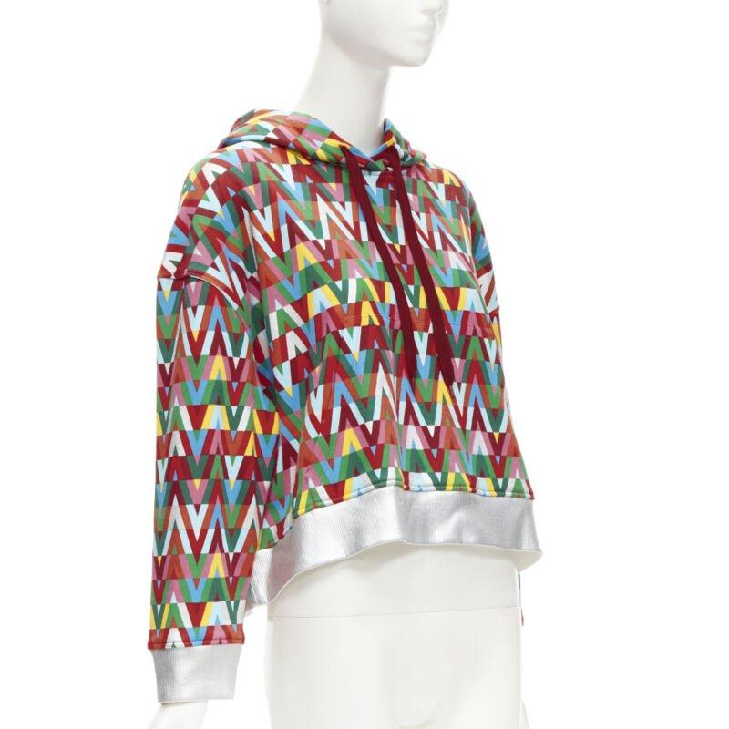 Silver VALENTINO V Optical graphic logo silver foil oversized cropped cotton hoodie S For Sale