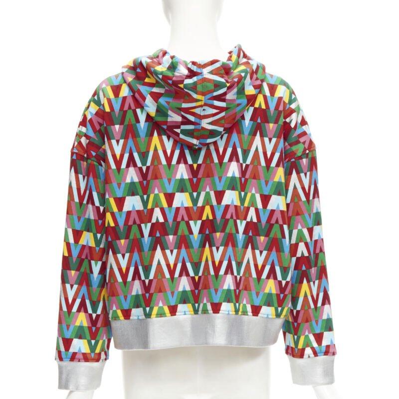 VALENTINO V Optical graphic logo silver foil oversized cropped cotton hoodie S For Sale 1