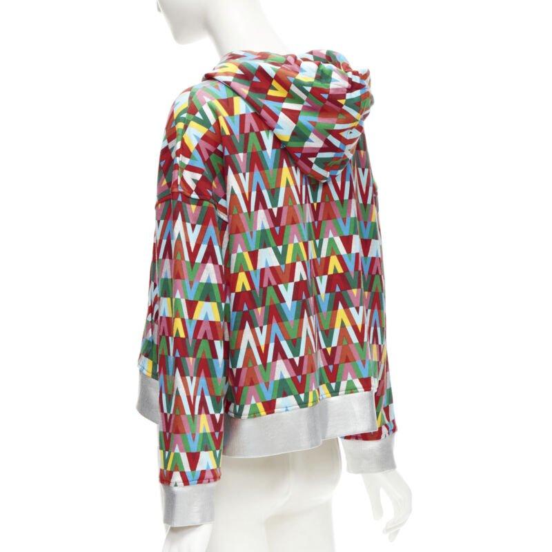 VALENTINO V Optical graphic logo silver foil oversized cropped cotton hoodie S For Sale 2