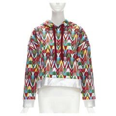 VALENTINO V Optical graphic logo silver foil oversized cropped cotton hoodie S