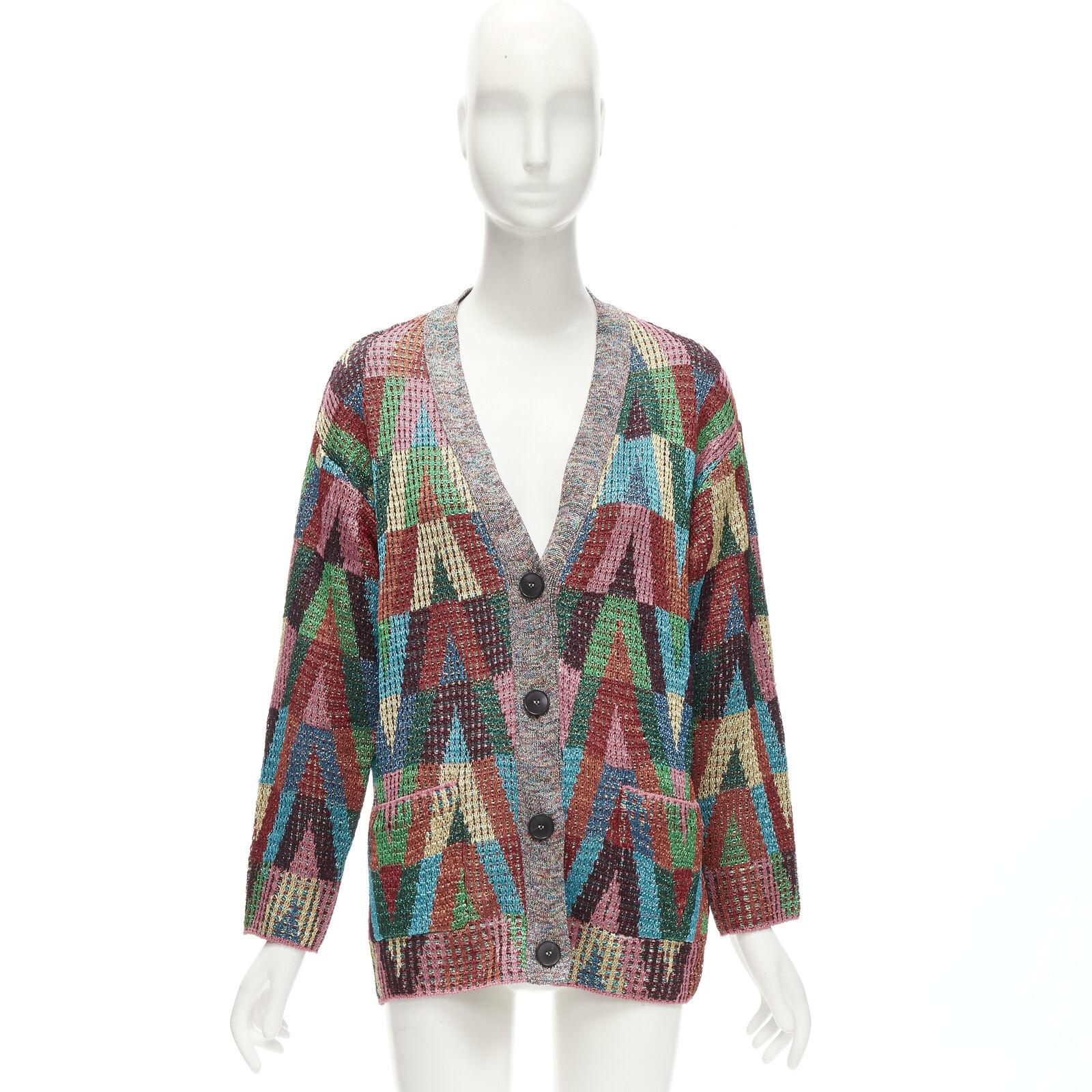 VALENTINO V Optical rainbow metallic lurex graphic oversized cardigan S 7