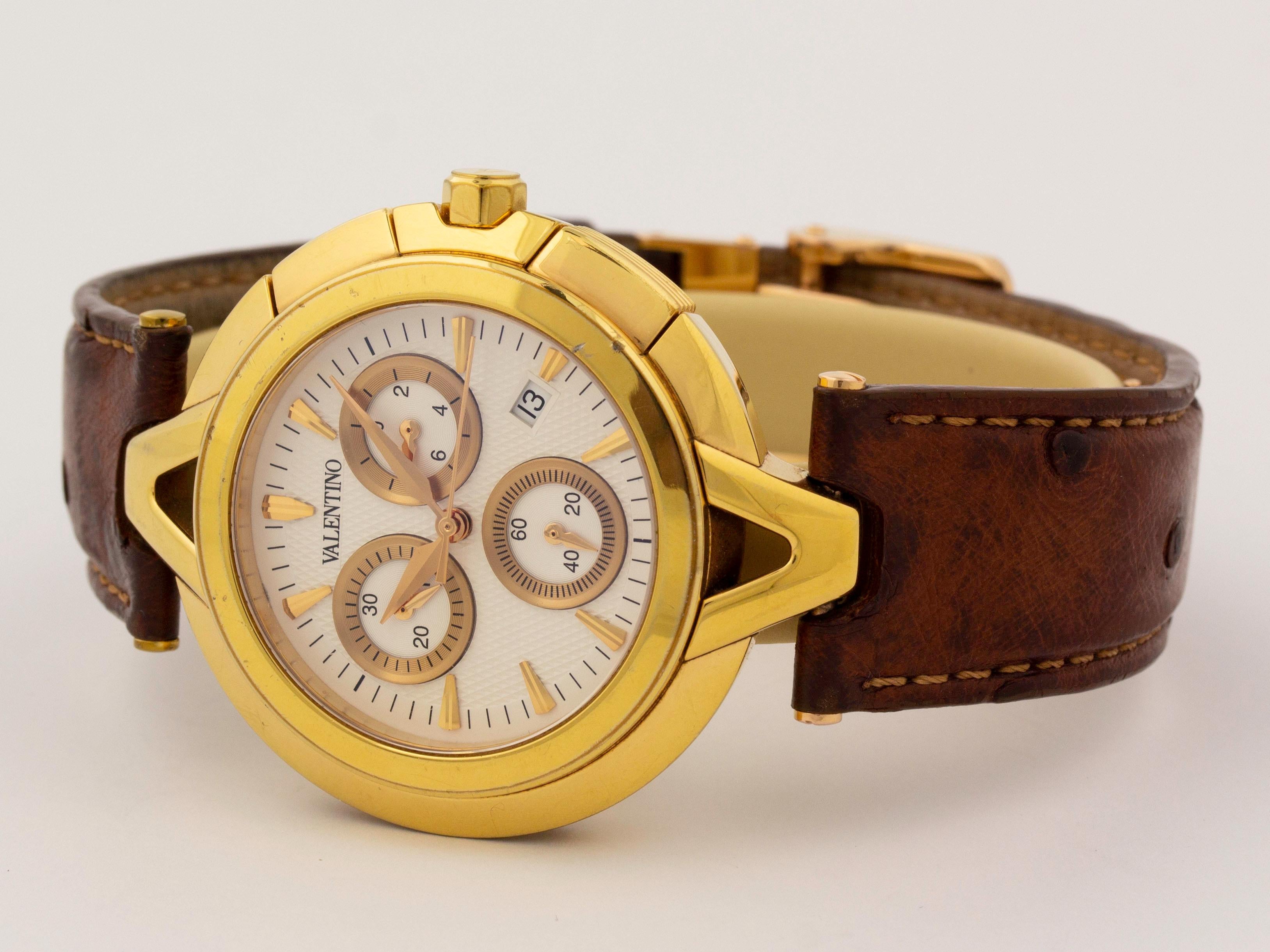 Yellow gold tone stainless steel w/ leather strap Valentino V-Valentino V51LCQ5002-S497 watch, water resistance to 30m, chronograph, with date.

Watch	
Brand:	Valentino
Series:	V-Valentino
Model #:	V51LCQ5002-S497
Gender:	Men’s
Condition:	Excellent