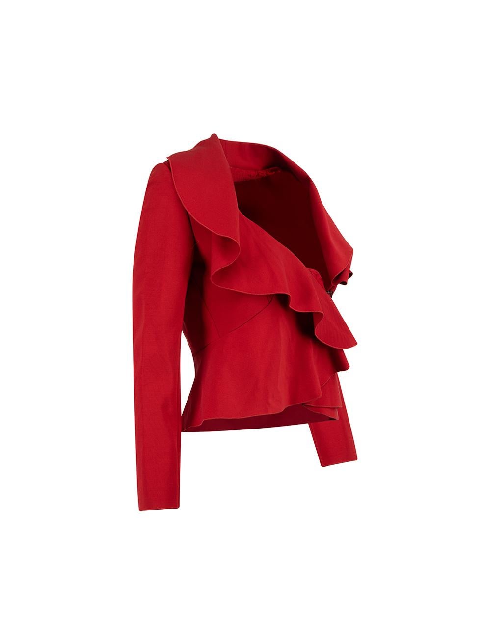 CONDITION is Very good. Minimal wear to jacket is evident. Minor loose thread on front of jacket on this used Valentino Spa designer resale item.
  
Details
Red
Viscose
Blazer jacket
Cropped
Long sleeves
Ruffle lapel
Zip and hook fastening
Peplum
