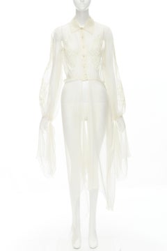 VALENTINO Vintage 100% silk beige sheer lace applique draped blouse shirt US8 M