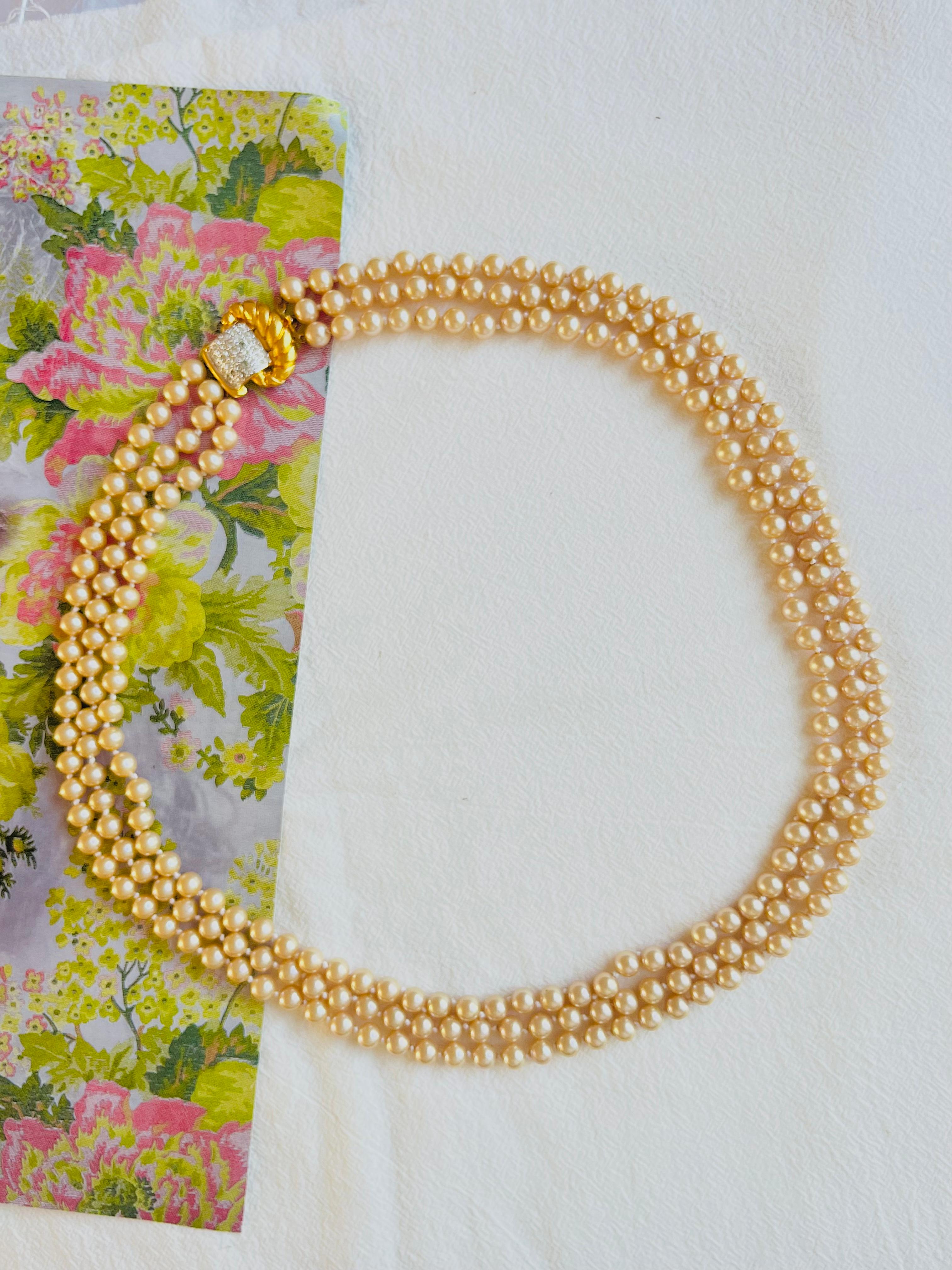 Art Deco Valentino Vintage 1980s Beads Pearls Trio Strands Layers Crystals Long, Necklace For Sale