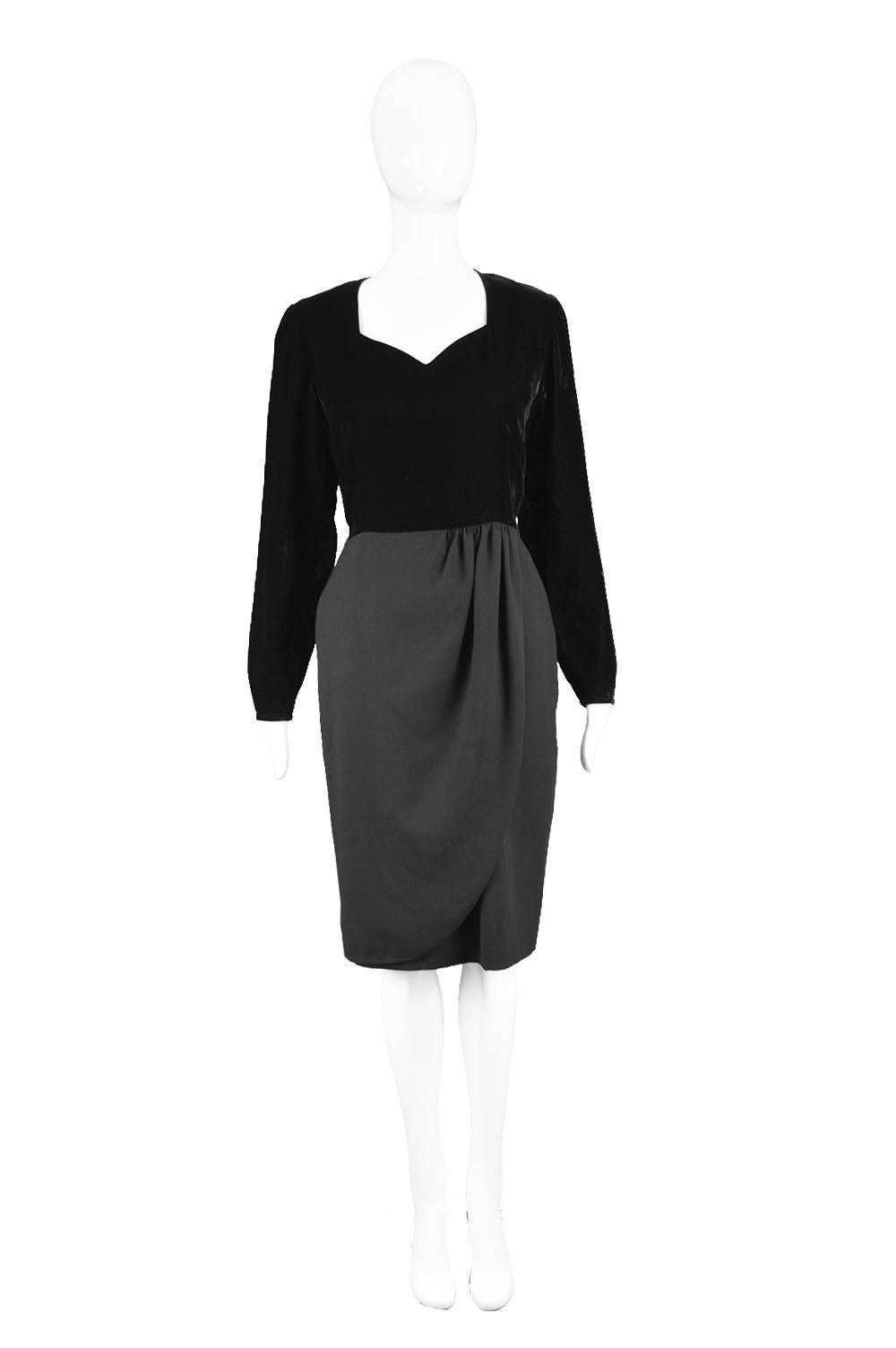 Valentino Vintage 1980's Black Velvet & Wool Long Sleeve Evening Party Dress

Estimated Size: UK 8-10/ US 4-6/ EU 36-38. Please check measurements.   
Bust - 34” / 86cm
Waist - 27” / 68cm
Hips - 38” / 96cm
Length (Shoulder to Hem) - 40” /