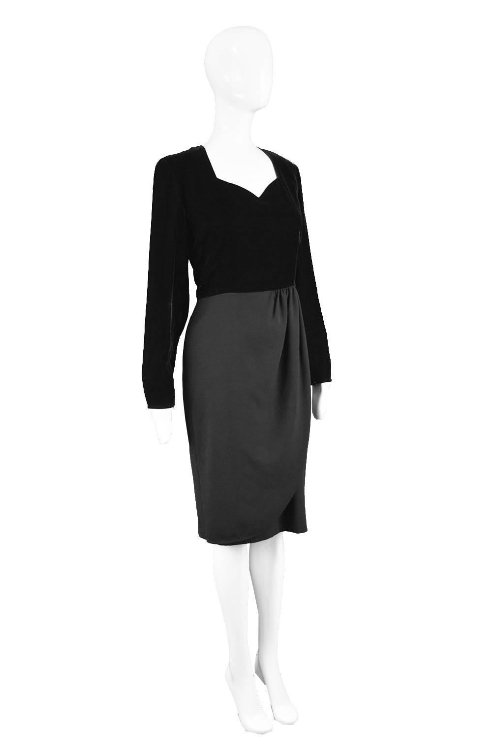 Valentino Vintage 1980's Black Velvet & Wool Long Sleeve Evening Party Dress For Sale 1