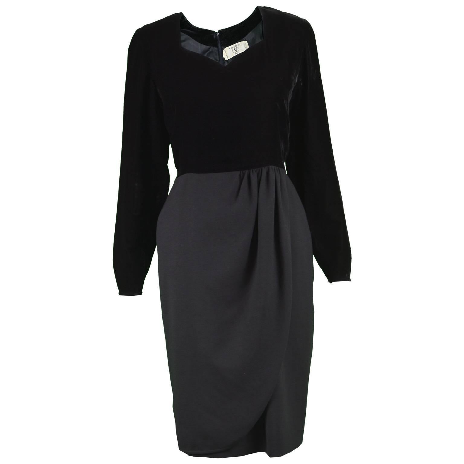 Valentino Vintage 1980's Black Velvet & Wool Long Sleeve Evening Party Dress For Sale