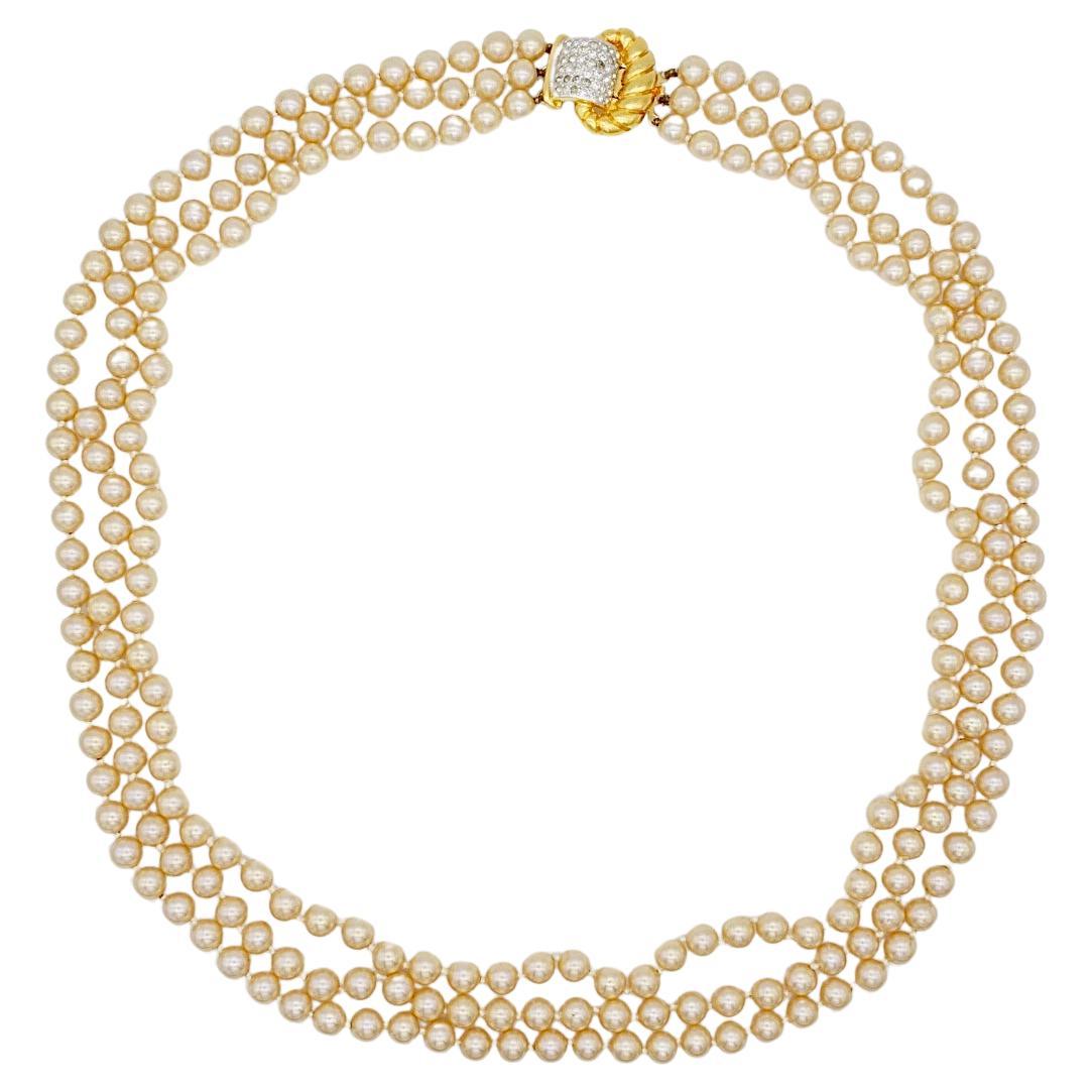 Valentino Vintage 1980s Golden Pearl Trio Strands Crystal Pendant Long Necklace en vente