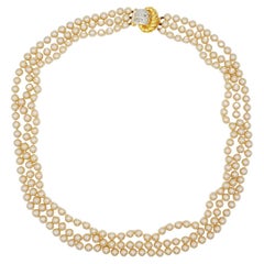 Valentino Vintage 1980s Golden Pearl Trio Strands Crystal Pendant Long Necklace