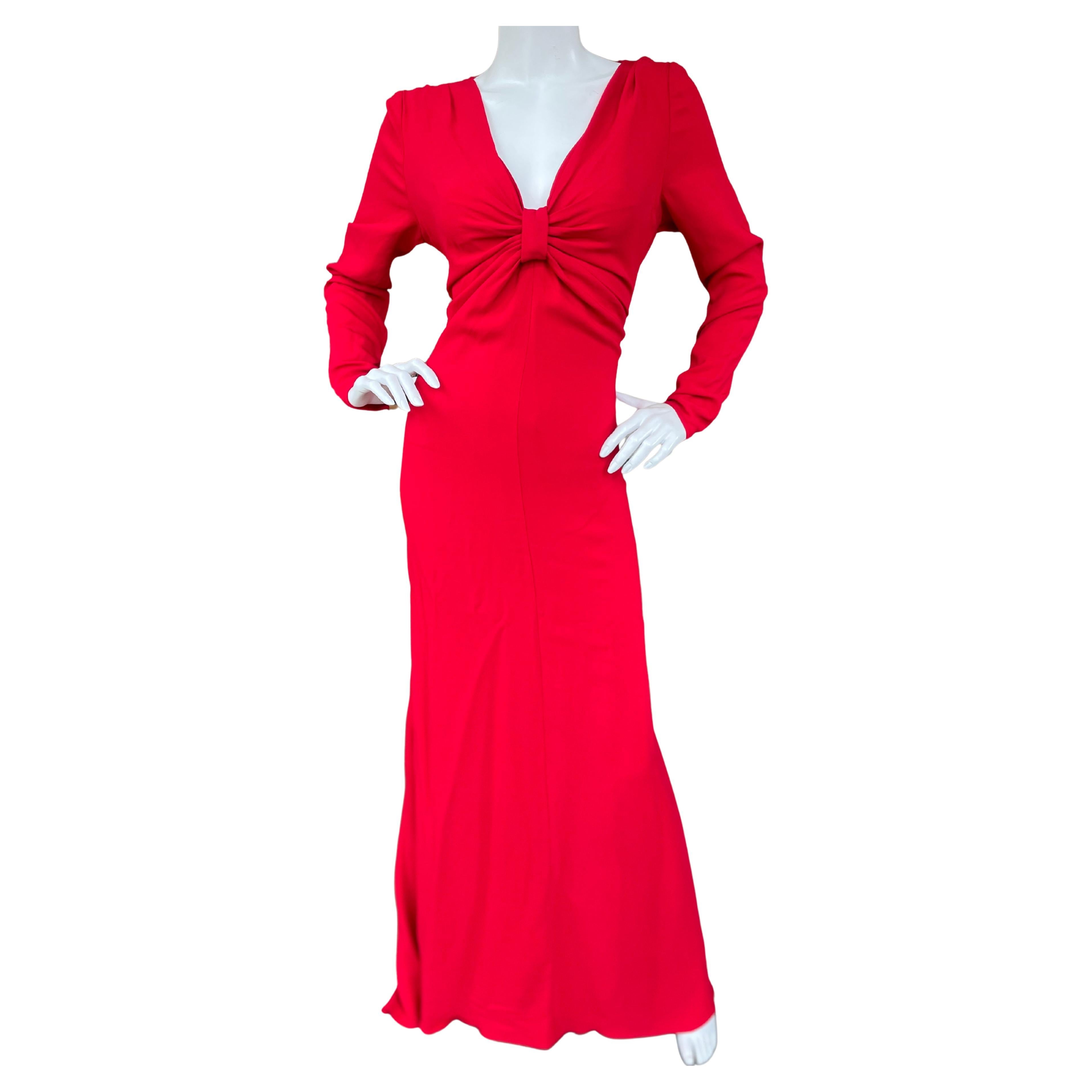 Valentino Vintage 1980's Plunging Red Crepe Evening Dress in Generous Size 12 For Sale