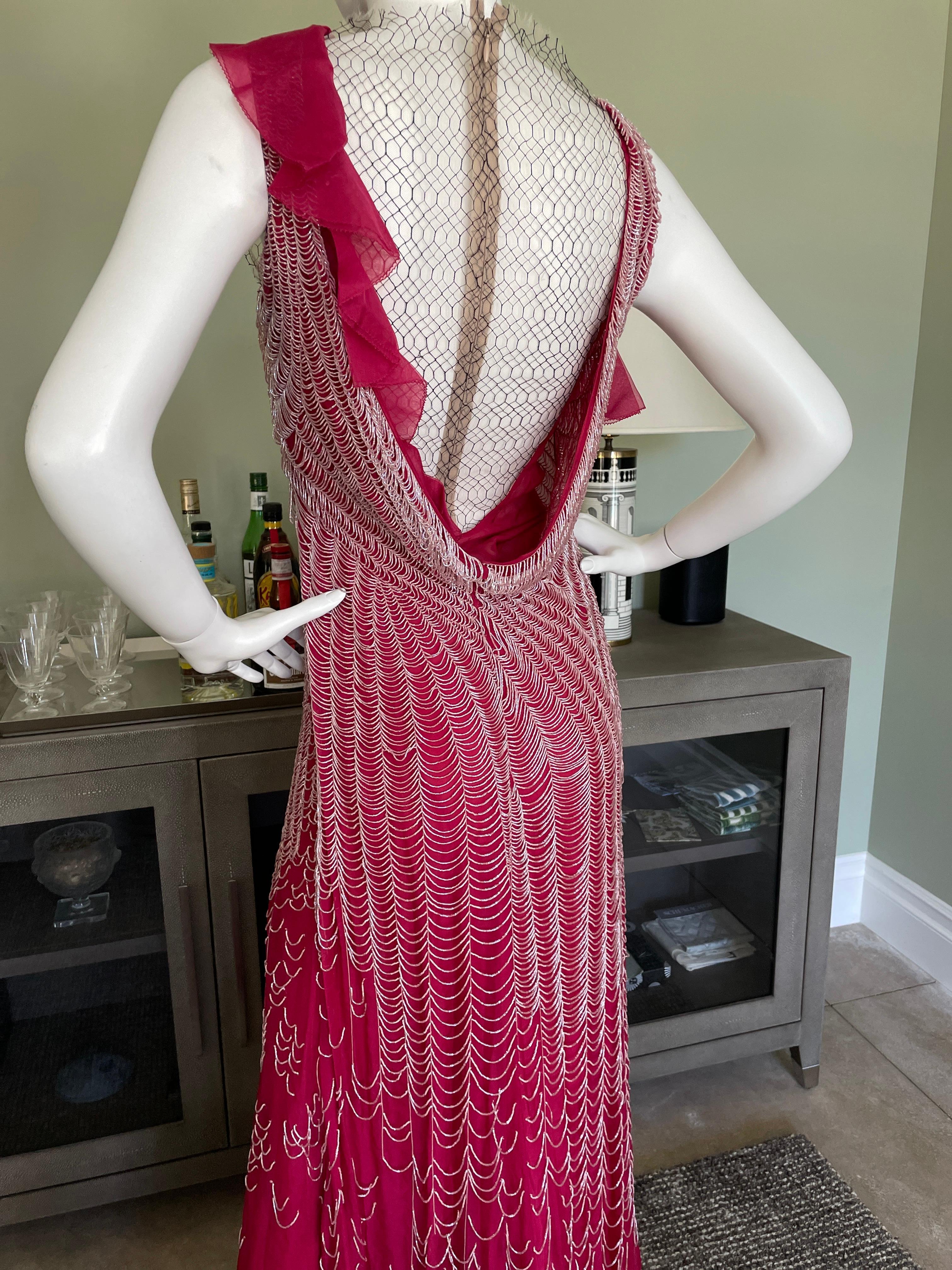 Valentino Vintage 1980's Spider Web Beaded Red Silk Evening Dress For Sale 4