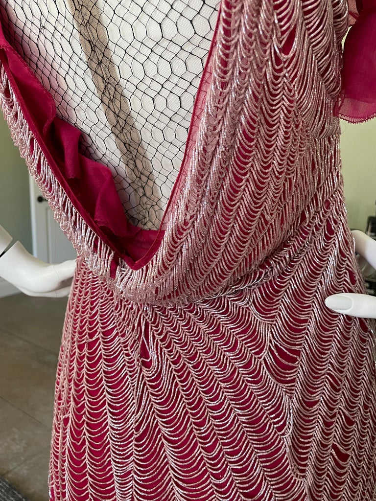 Valentino Vintage 1980's Spider Web Beaded Red Silk Evening Dress 6