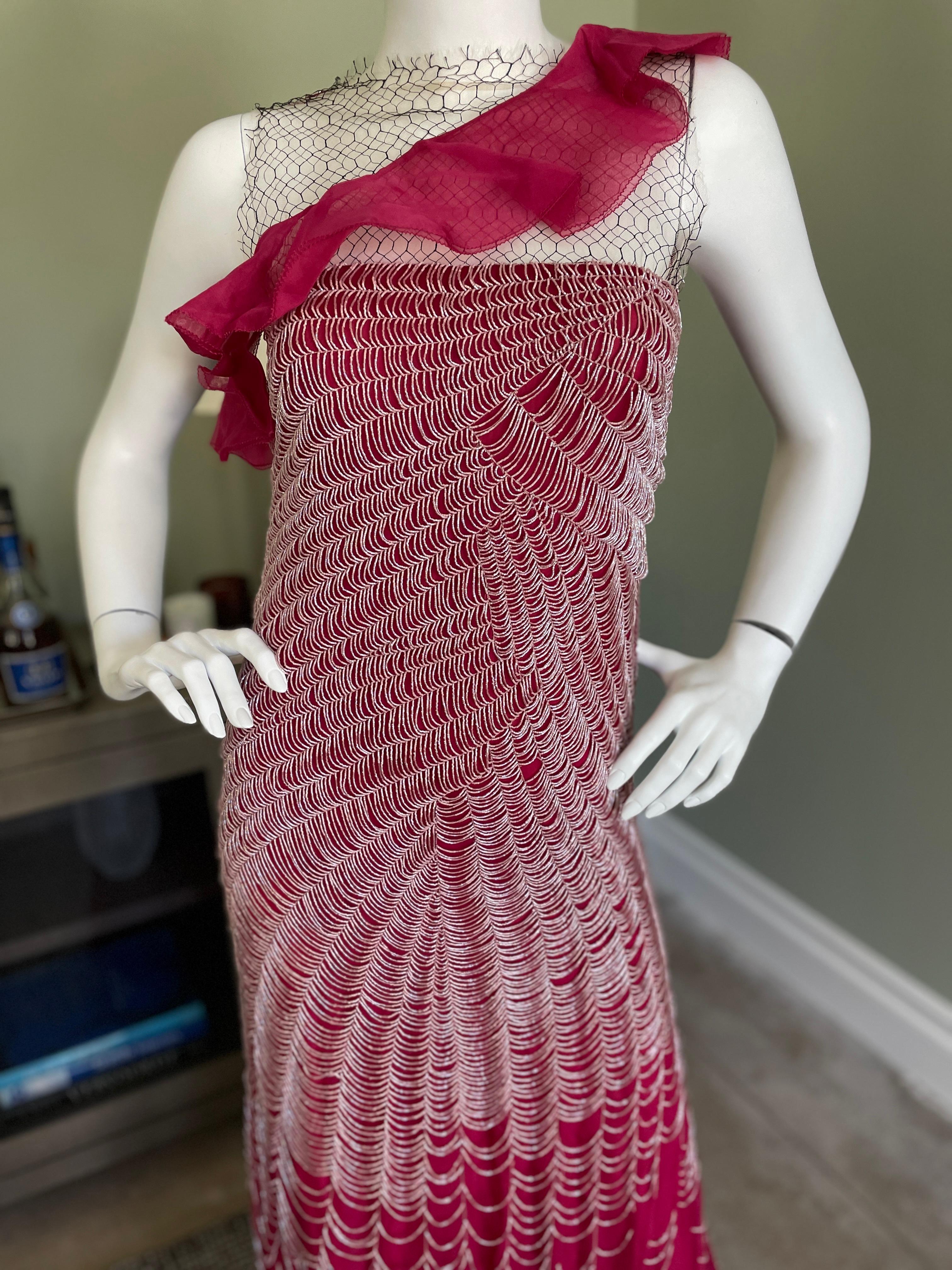 Brown Valentino Vintage 1980's Spider Web Beaded Red Silk Evening Dress For Sale