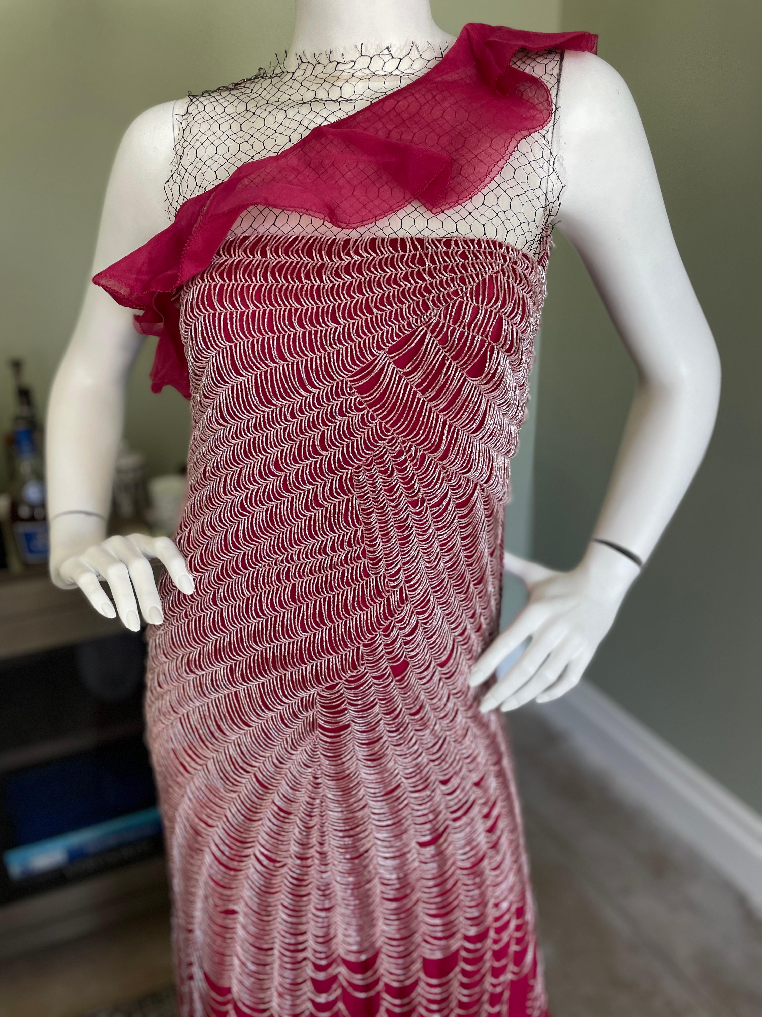 Valentino Vintage 1980's Spider Web Beaded Red Silk Evening Dress In Excellent Condition For Sale In Cloverdale, CA