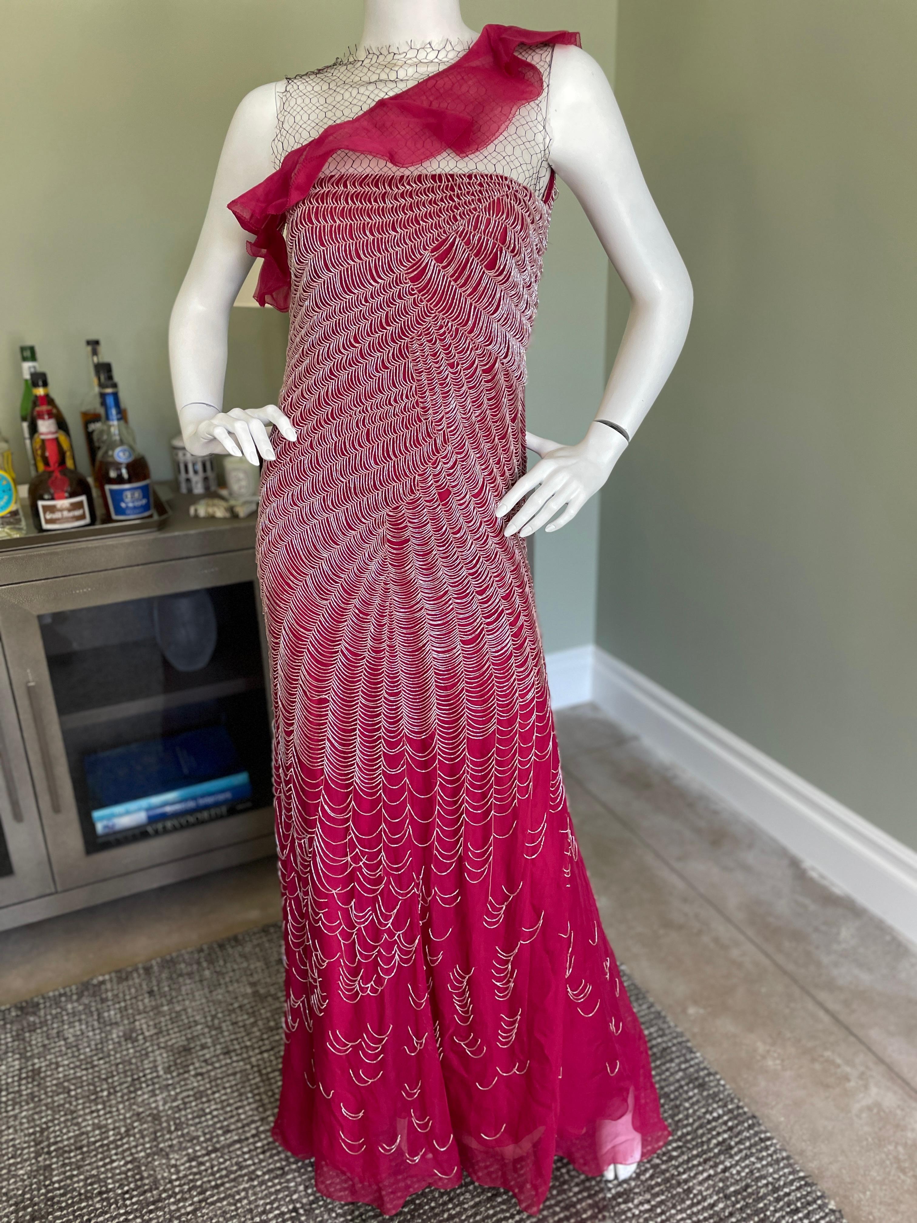 Women's Valentino Vintage 1980's Spider Web Beaded Red Silk Evening Dress For Sale